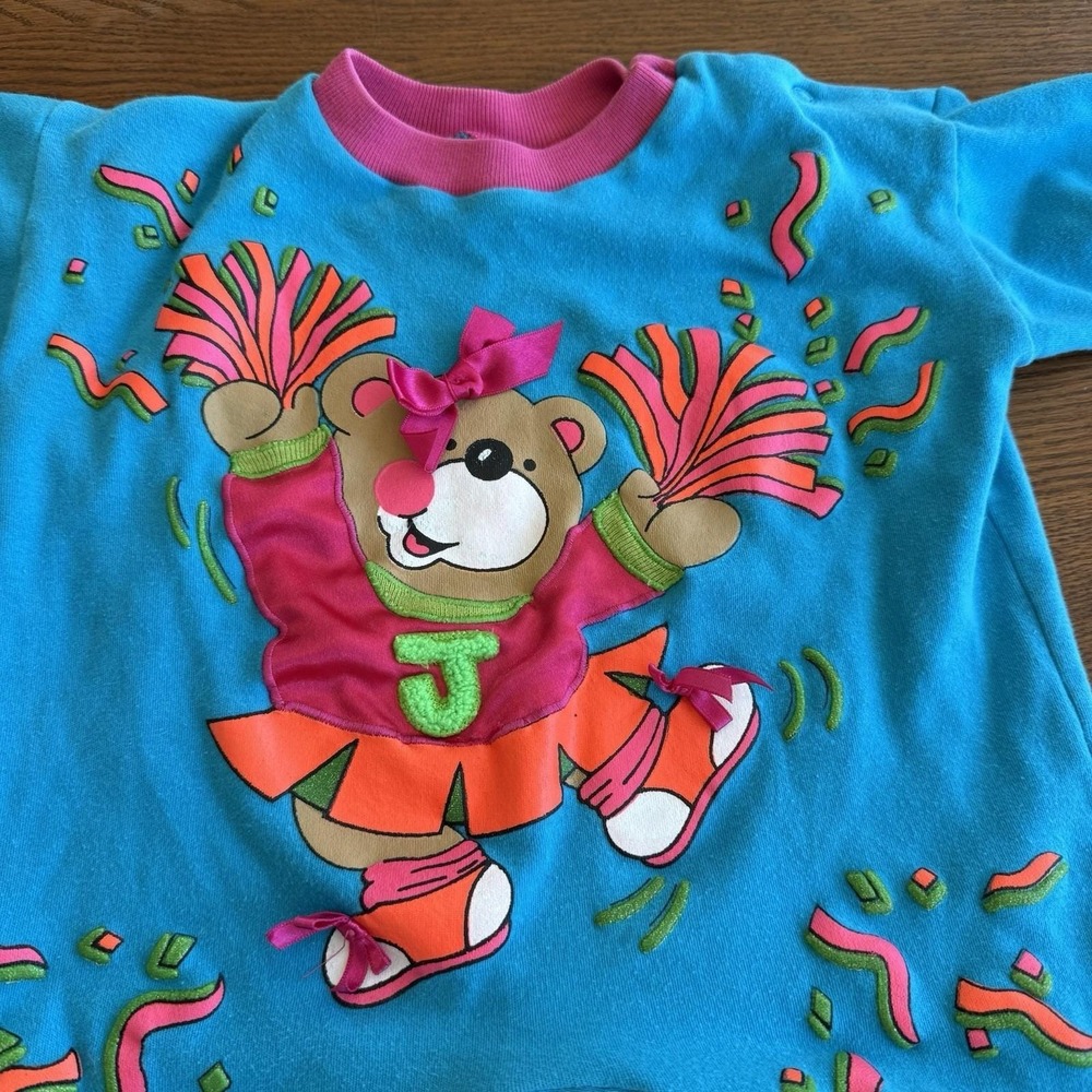 Vtg 80s/90s Romper Textured Embroidery Bear Cheer Whimsical Neon Joggles Cotton
